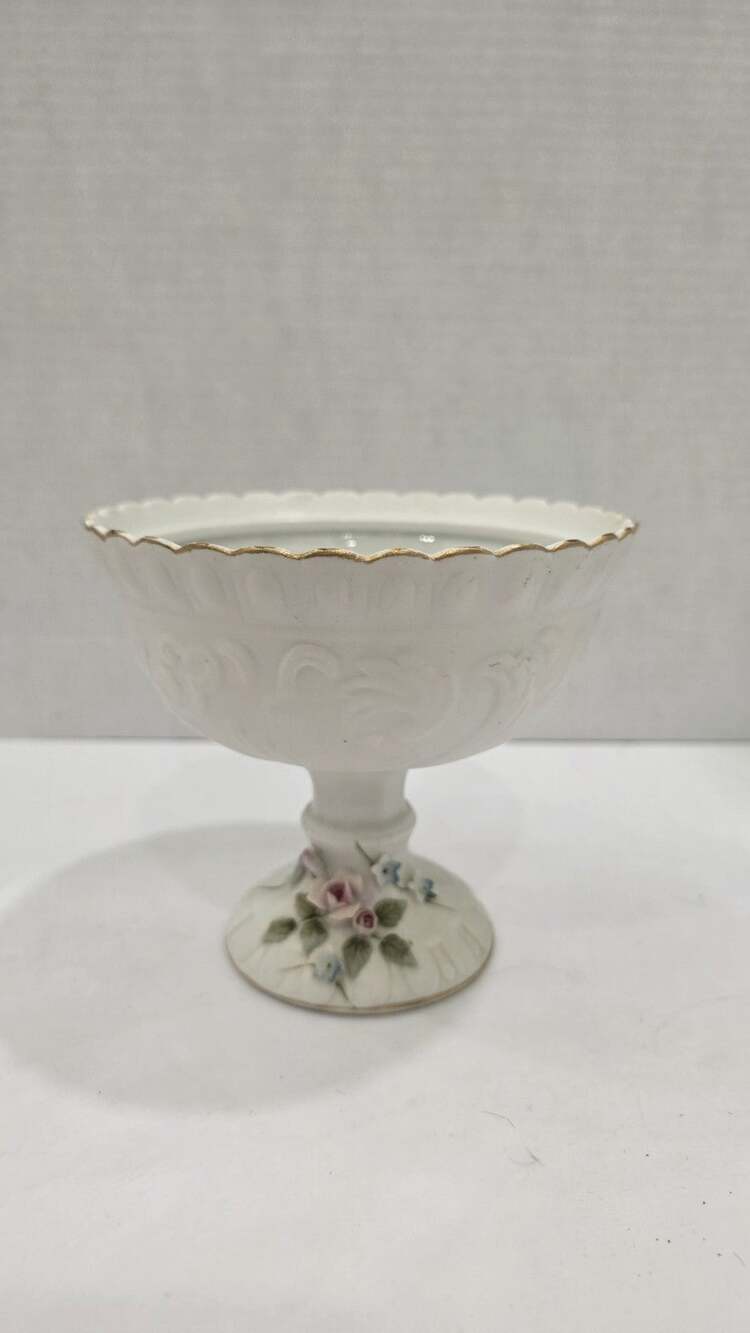 Vintage Lefton China 1519 Pedestal Compote Bowl Pink Roses Gold Trim Japan